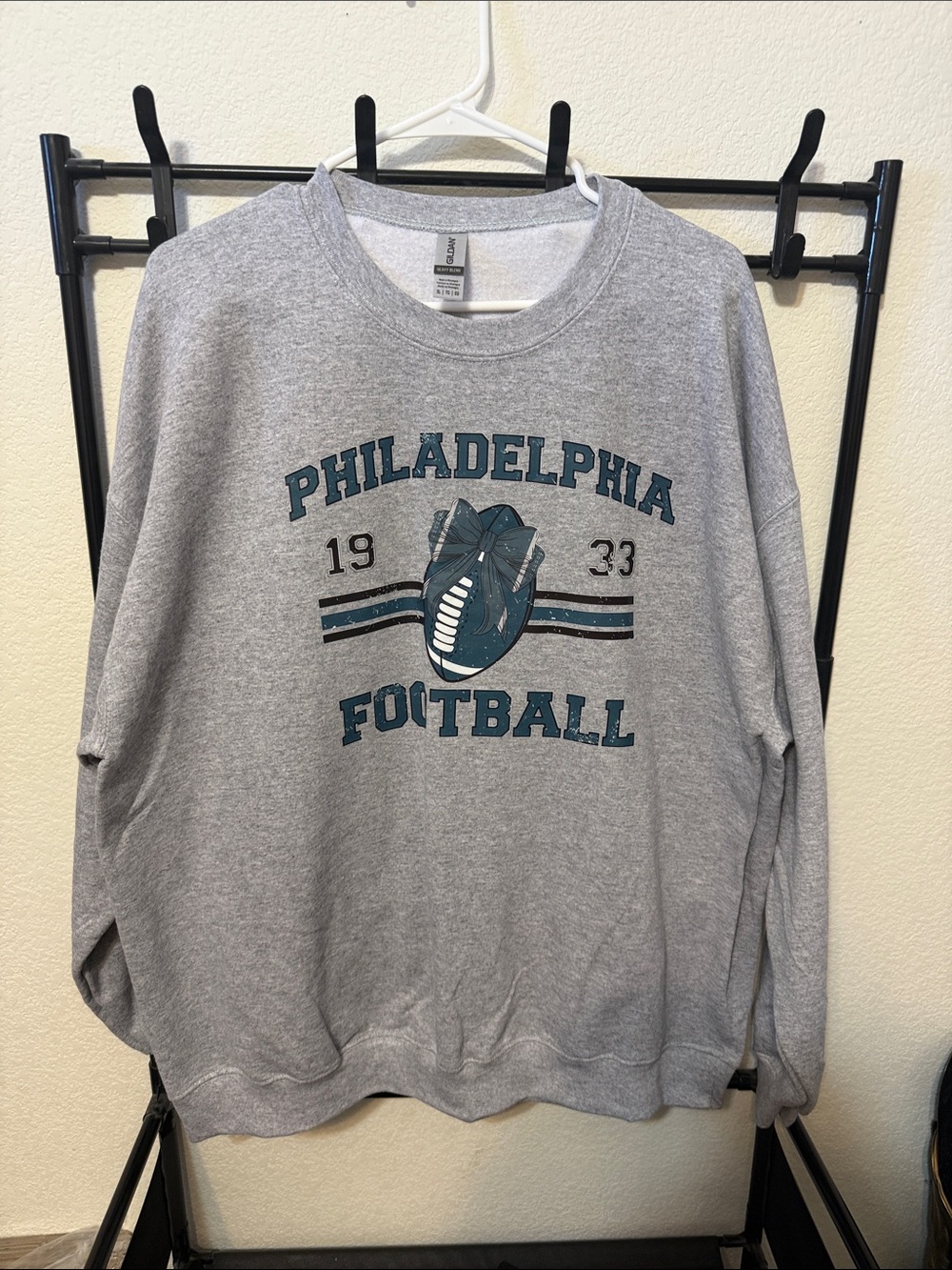 Gildan Gray Crewneck Sweatshirt with Teal Football Graphic